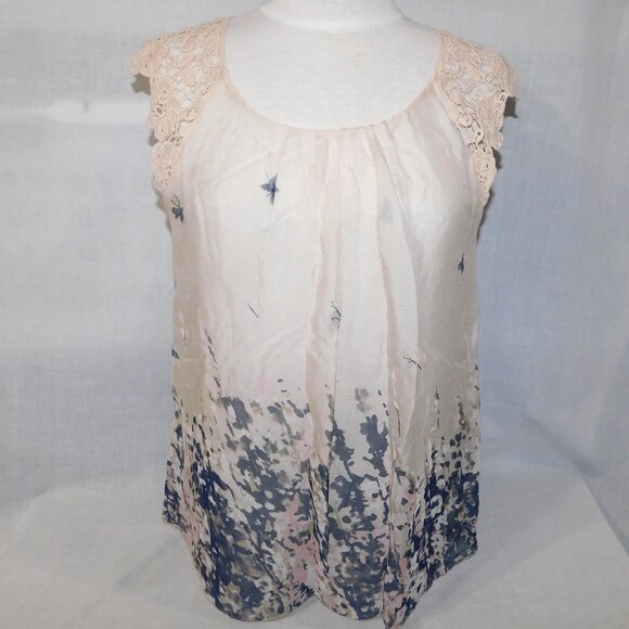 Carla Conti ivory silk abstract butterfly watercolour crochet lace cap sleeve L - Picture 1 of 13